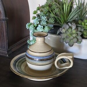 Signed Studio Pottery Chamberstick Candle Holder Stoneware Blue Striped Handmade